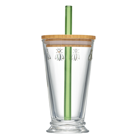 Bee Smoothie Glass by La Rochère - 420ml, Iconic Bee Design, Bamboo Lid & Glass Straw | French Glassmaking Legacy, Made in Europe - Hilstor