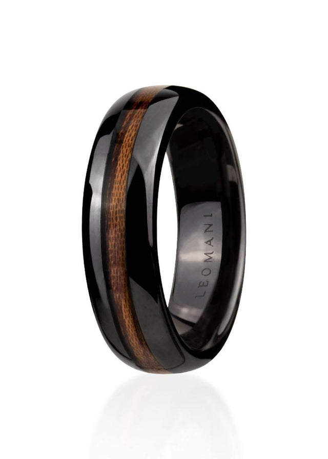 Men's Kahoya Ceramic Ring with Natural Veneer – Stylish Black Ceramic Band, 7mm Wide - Made in EU - Hilstor