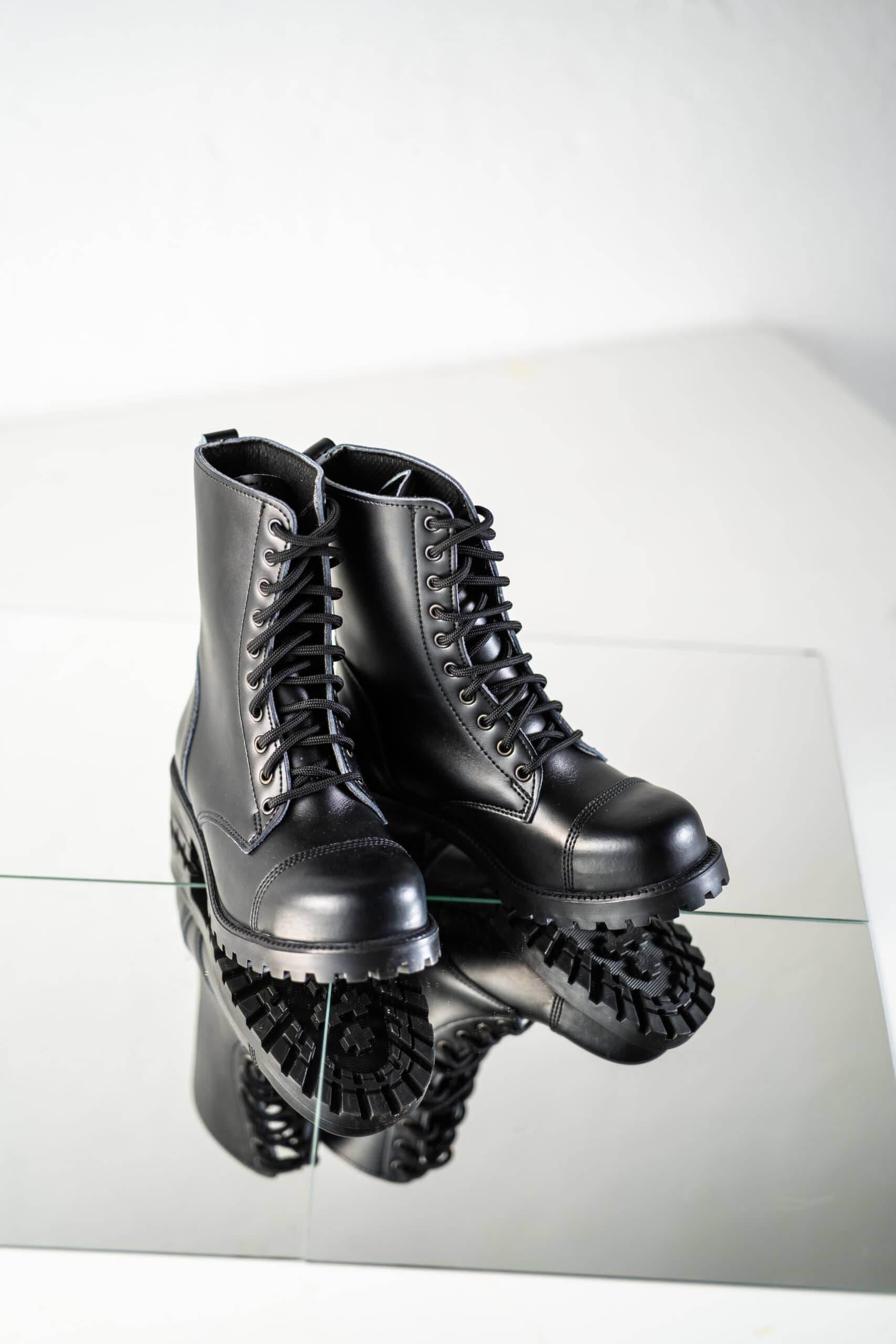 Black Punk-Style Boots – Water-Repellent Leather Unisex Boots, Made in Europe by Samelin - Hilstor