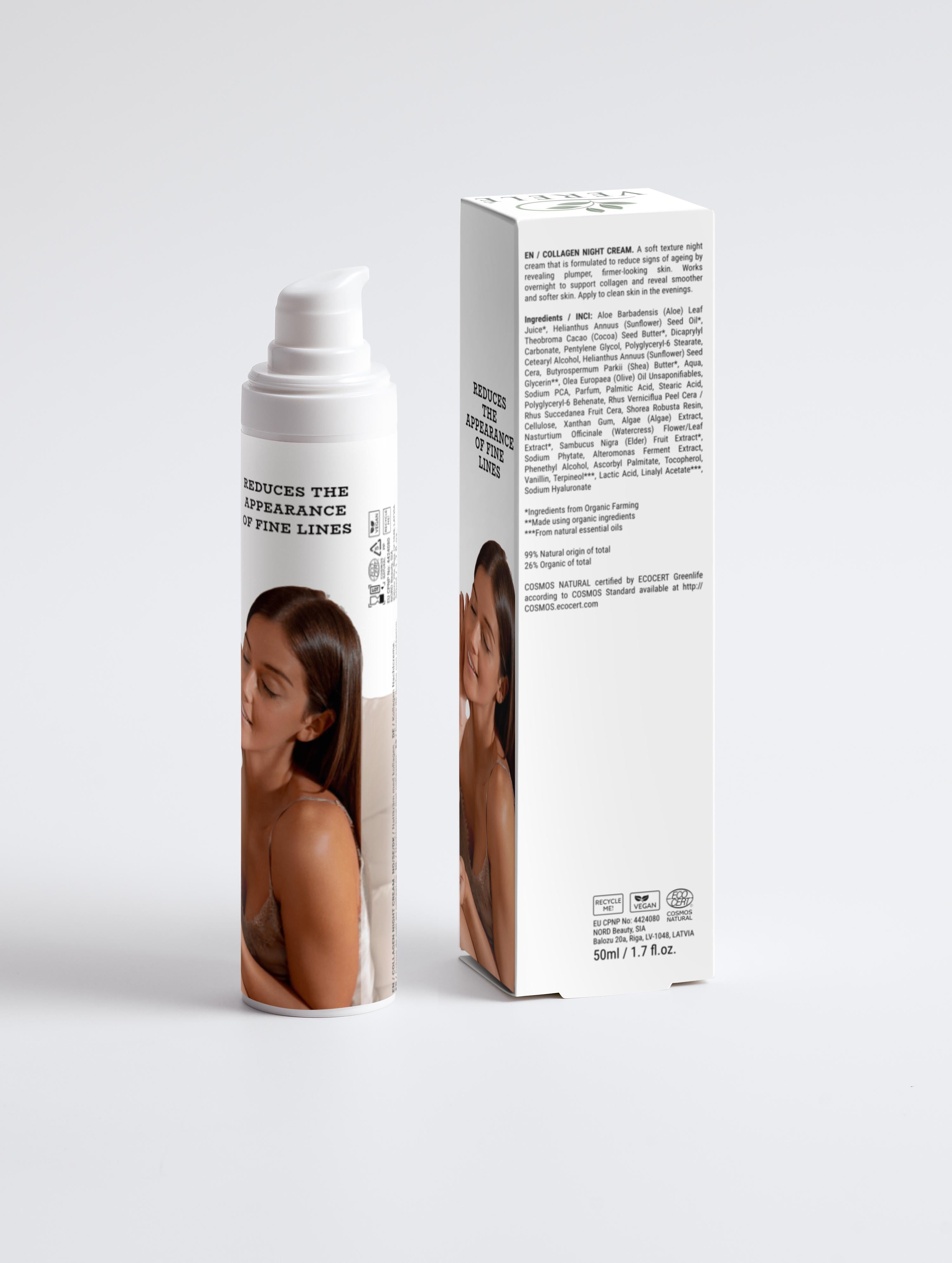 Kollagen anti-age natcreme med økologisk shea og kakaosmør – opstrammende og fugtgivende – COSMOS NATURAL certificeret, fremstillet i Europa af Verelé, 50 ml / 1,69 fl oz