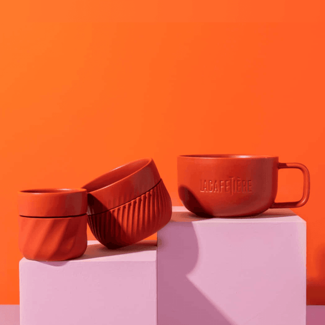 La Cafetière Red Coffee Mugs Set – 3 pcs, Stackable Ceramic Cups for Cappuccino, Flat White, and Espresso - Hilstor