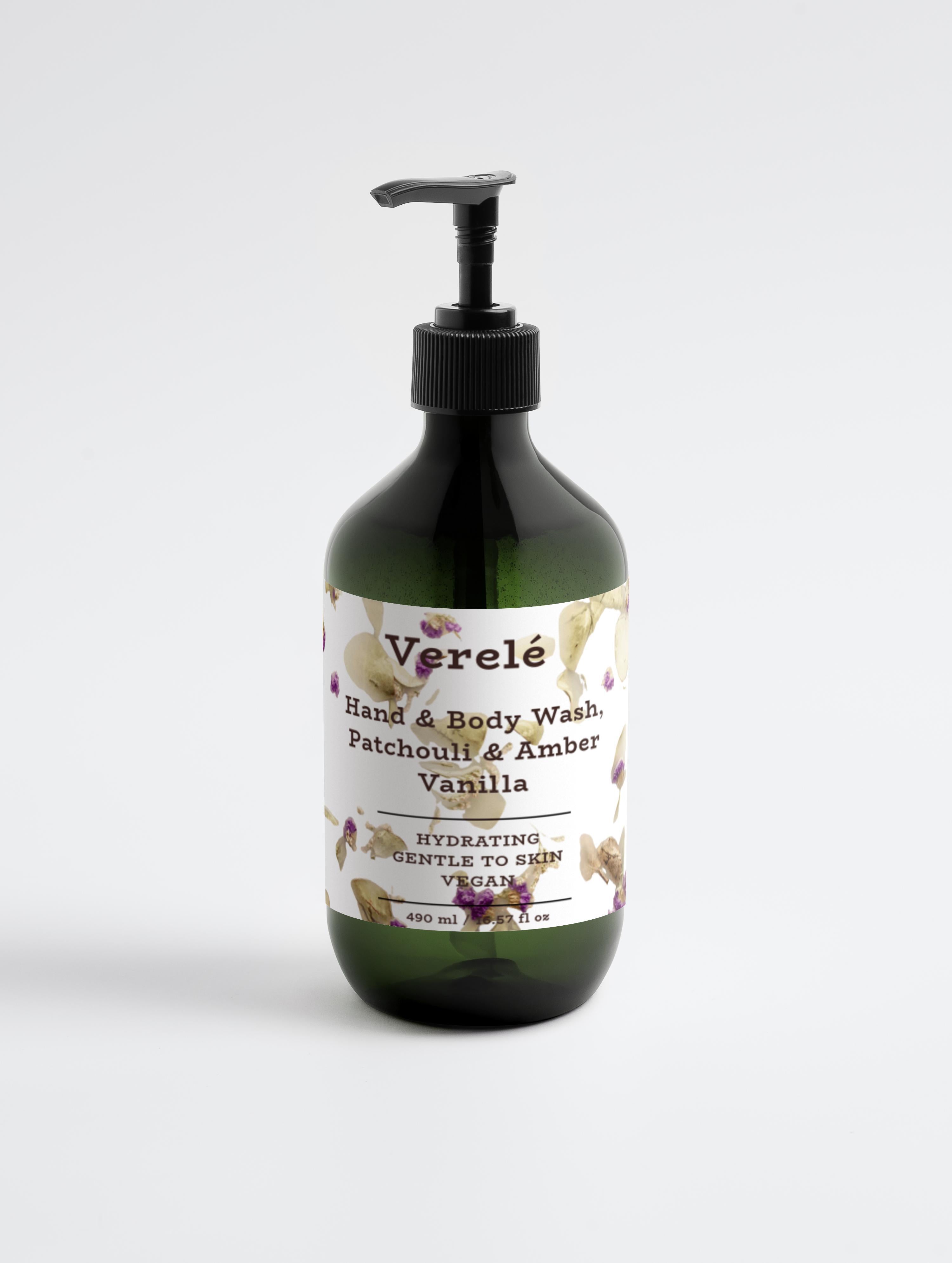 Hånd- og kropsvask med økologisk patchouli og ravvanilje – fugtgivende og vegansk – COSMOS NATURAL-certificeret, fremstillet i Europa af Verelé, 490 ml / 16,57 fl oz