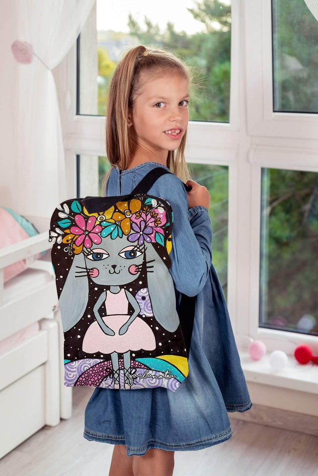 Kids Backpack Bunny Girl – Black with Unique Art Print, Made in Europe by Garbanota - Hilstor