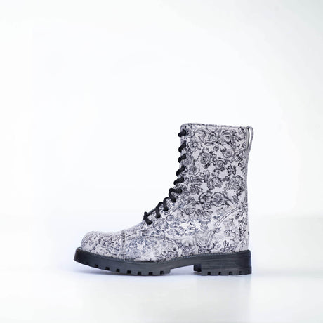 Gray Flower Punk-Style Boots – Water-Repellent Leather Unisex Boots, Made in Europe by Samelin - Hilstor