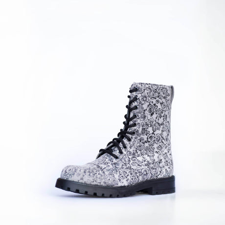 Gray Flower Punk-Style Boots – Water-Repellent Leather Unisex Boots, Made in Europe by Samelin - Hilstor