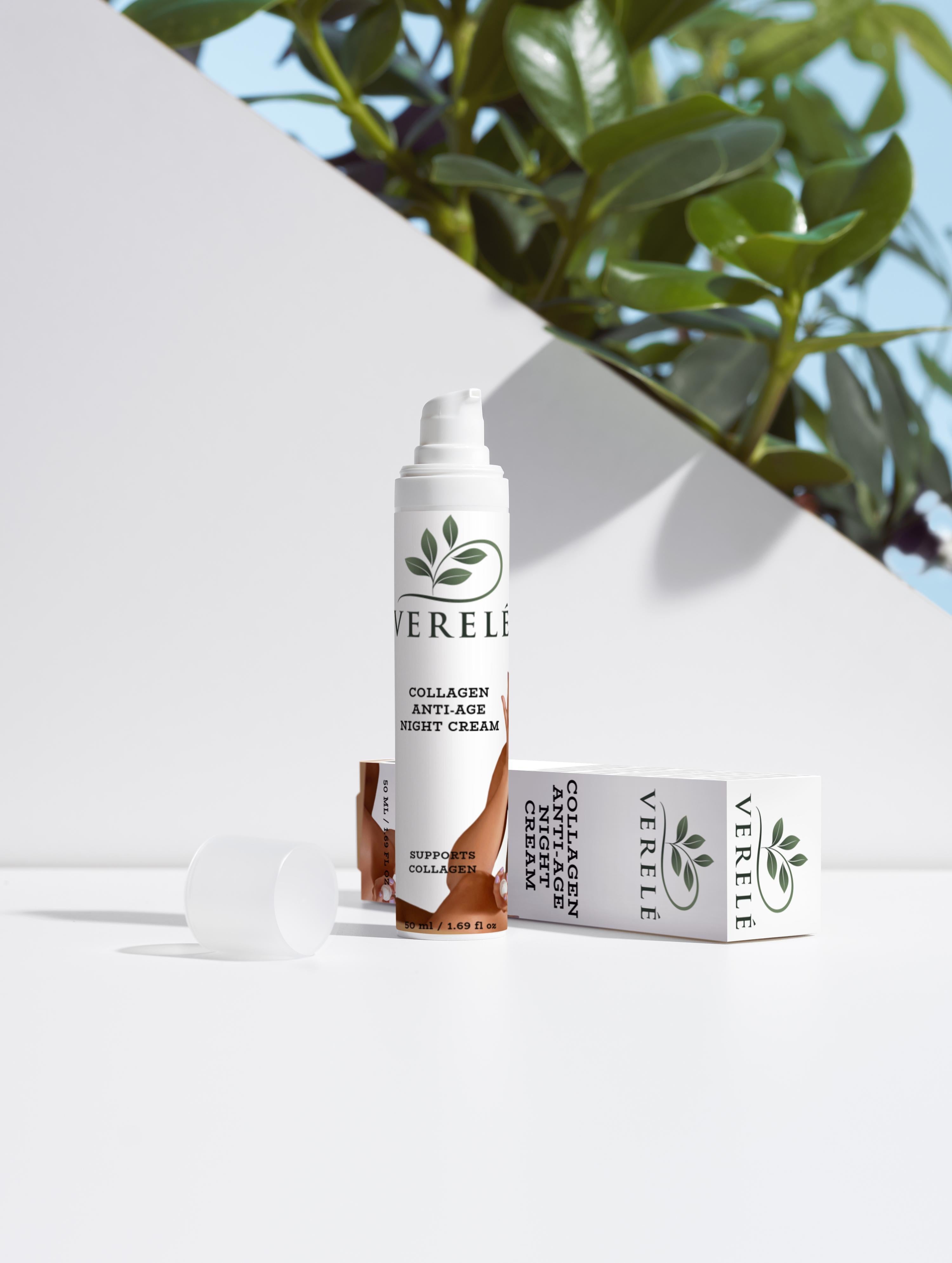 Kollagen anti-age natcreme med økologisk shea og kakaosmør – opstrammende og fugtgivende – COSMOS NATURAL certificeret, fremstillet i Europa af Verelé, 50 ml / 1,69 fl oz