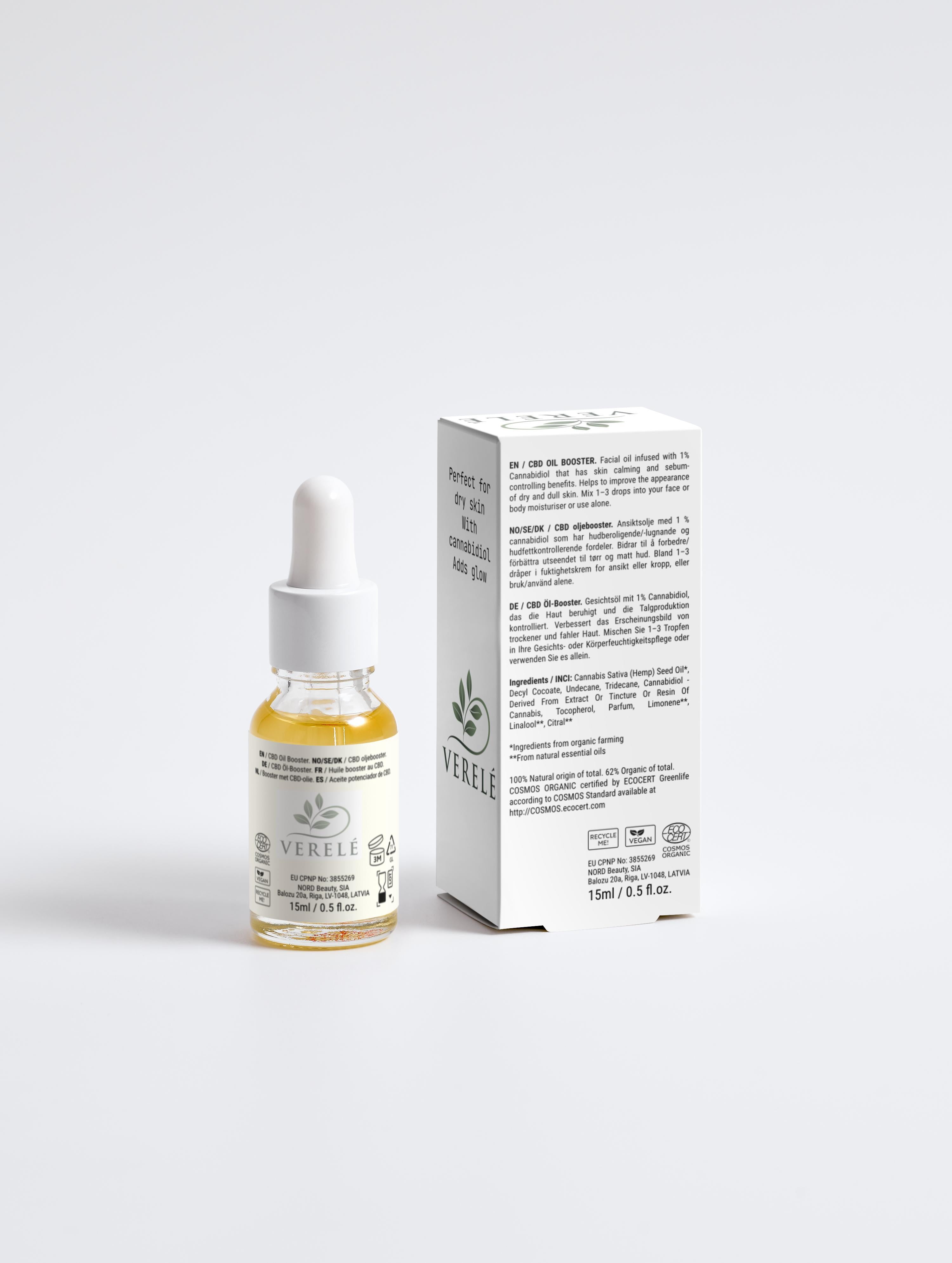 Beroligende ansigtsolie med 1 % CBD, hampefrøolie og talgkontrol – Økologisk og vegansk – COSMOS ORGANIC-certificeret, fremstillet i Europa af Verelé, 15 ml / 0,51 fl oz