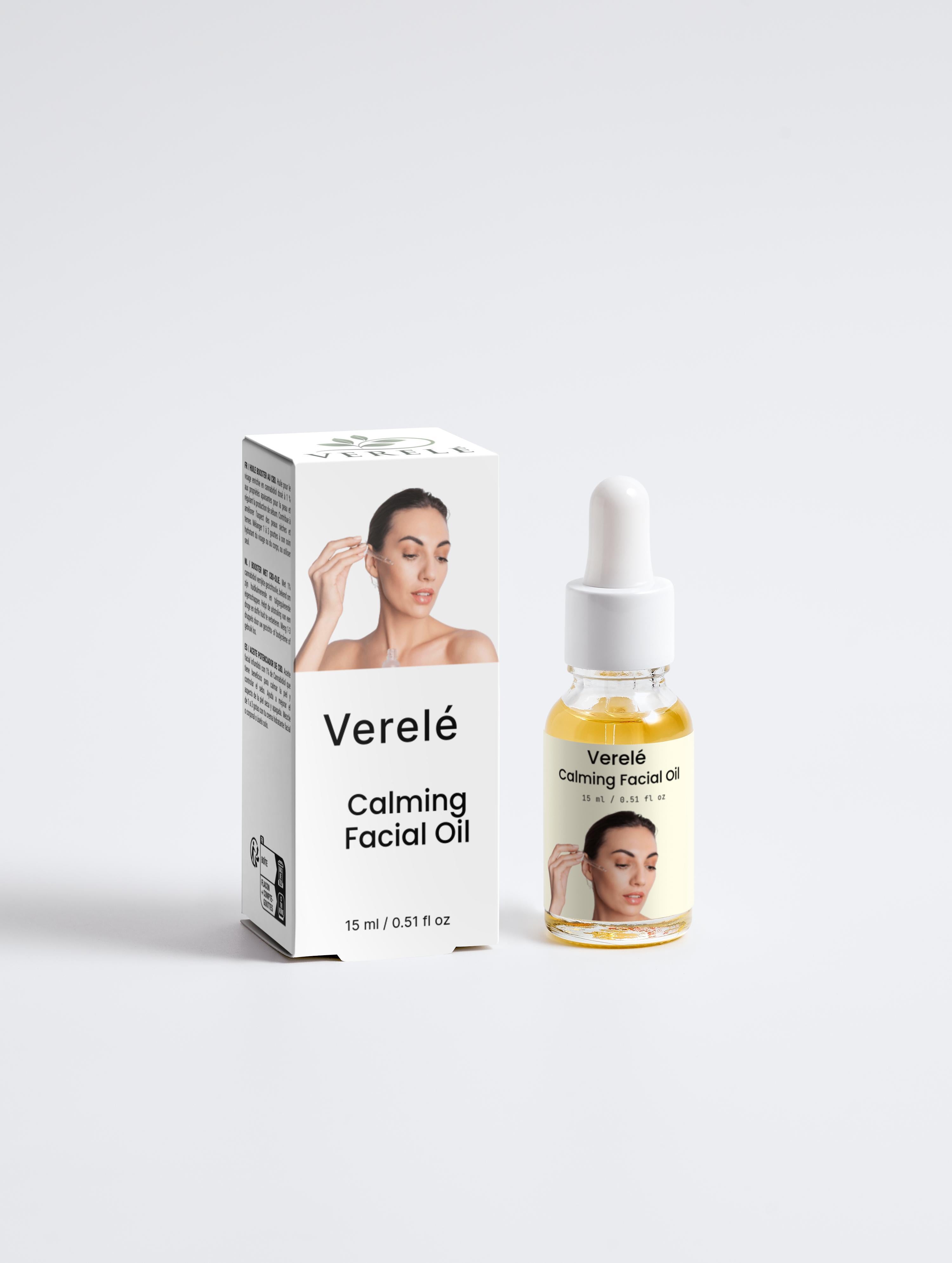 Beroligende ansigtsolie med 1 % CBD, hampefrøolie og talgkontrol – Økologisk og vegansk – COSMOS ORGANIC-certificeret, fremstillet i Europa af Verelé, 15 ml / 0,51 fl oz
