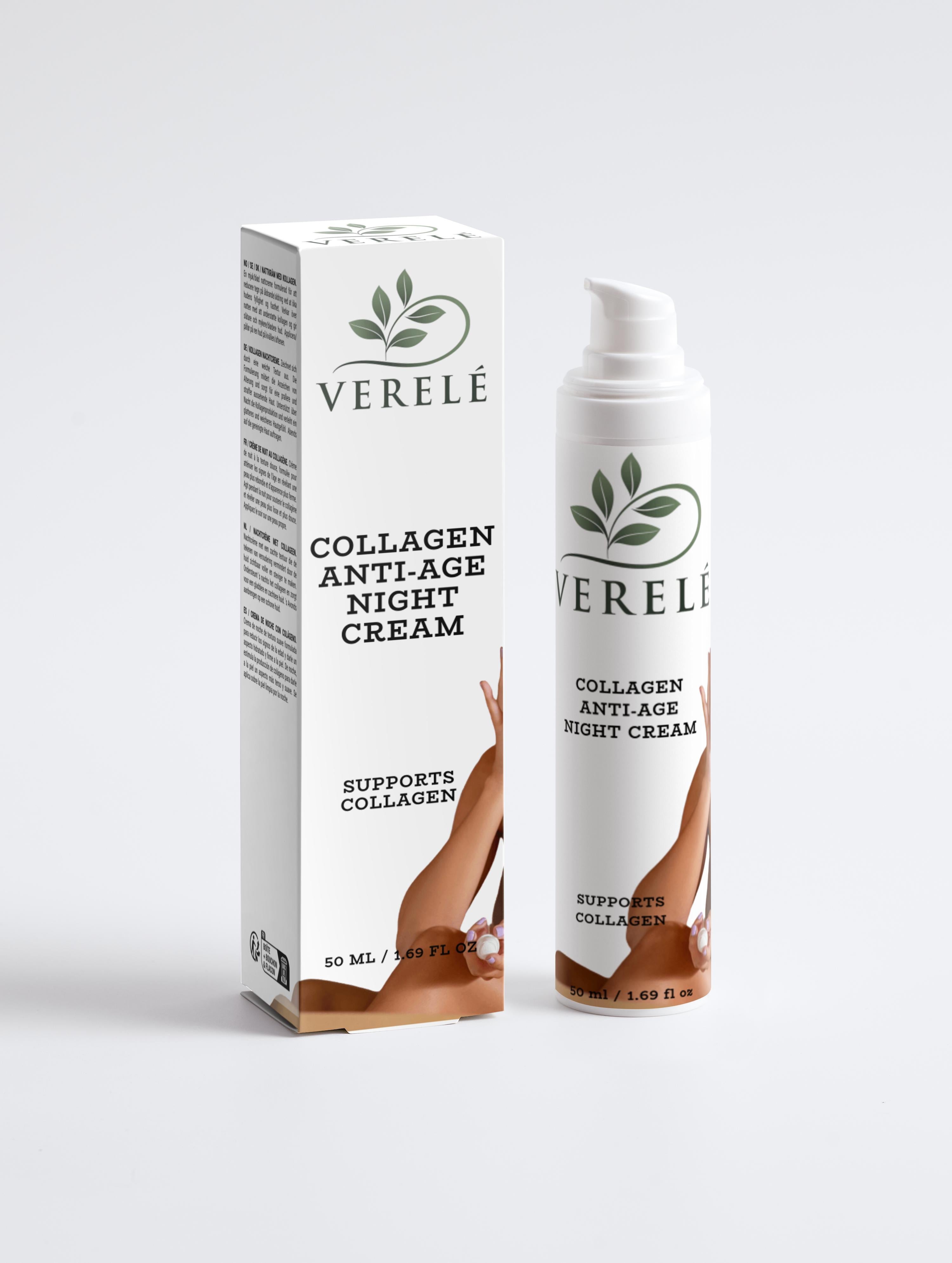 Kollagen anti-age natcreme med økologisk shea og kakaosmør – opstrammende og fugtgivende – COSMOS NATURAL certificeret, fremstillet i Europa af Verelé, 50 ml / 1,69 fl oz